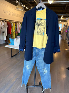 Frame raw edge blazer with re/done tshirt and moussy jeans at west2westport.com
