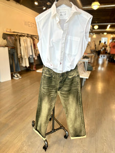 r13 coated boyfriend jeans and we are cisco sleeveless button down at west2westport.com