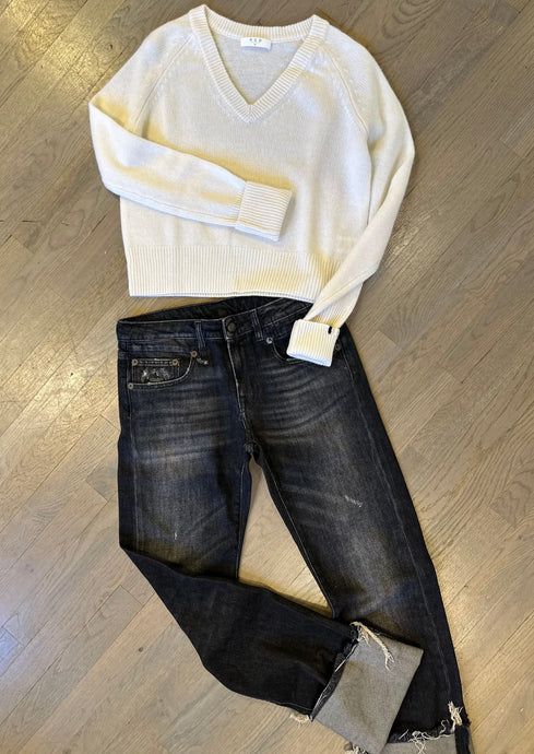 r13 Tobi jeans and One Grey Day vneck cashmere sweater at west2westport.com