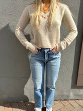 Load image into Gallery viewer, One Grey Day baseball stitch cashmere vneck sweater and moussy jeans at west2westport.com