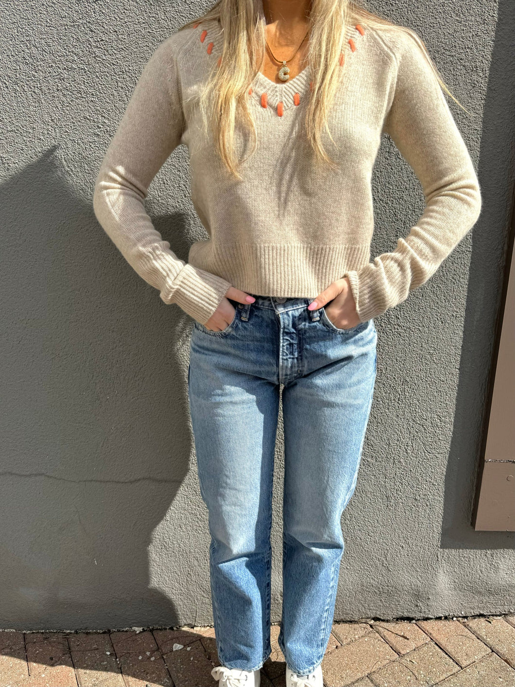 One Grey Day baseball stitch cashmere vneck sweater and moussy jeans at west2westport.com