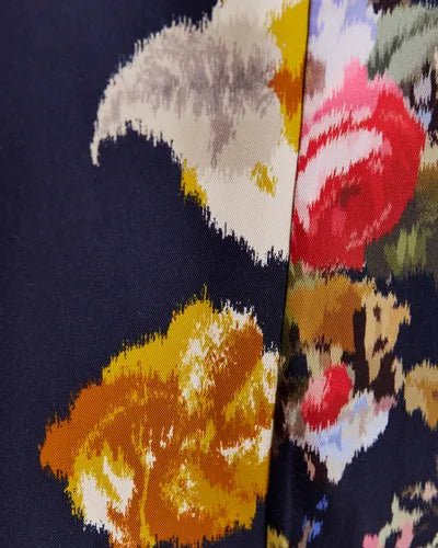Close-up of a floral patterned fabric with colorful flowers on a dark background