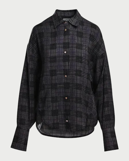 The Essentiel Antwerp Kiss Oversized Shirt w/Scarf by Essentiel Antwerp features a long-sleeve, button-up design with a grey and black check pattern, displayed against a plain white background.