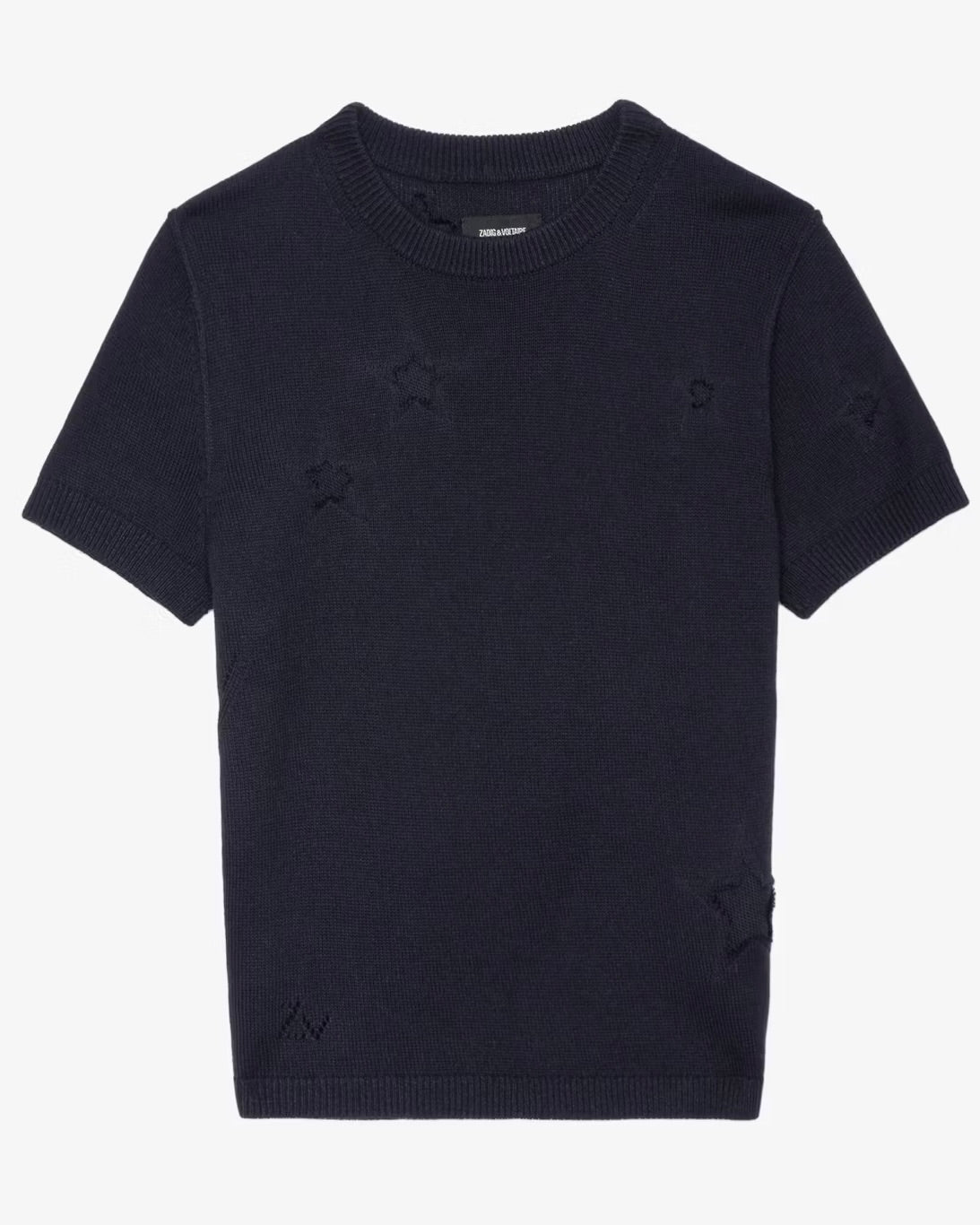 The Short Sleeve Stars Sweater by Zadig & Voltaire features a black knit design with distressed star intarsia patterns and a round neckline, ideal for versatile styling.