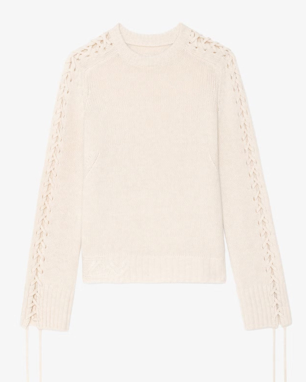 Cream-colored sweater with cable knit pattern on a white background