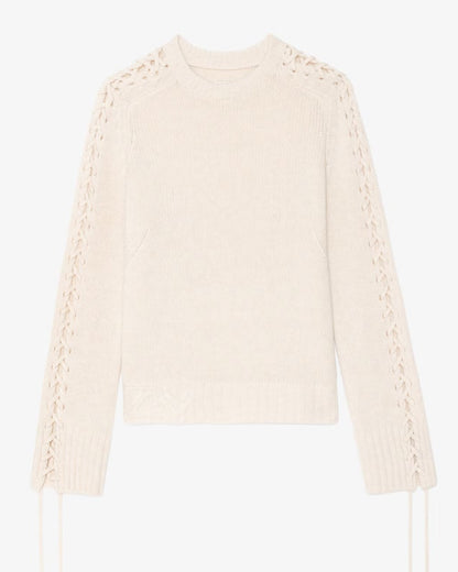 Cream-colored sweater with cable knit pattern on a white background