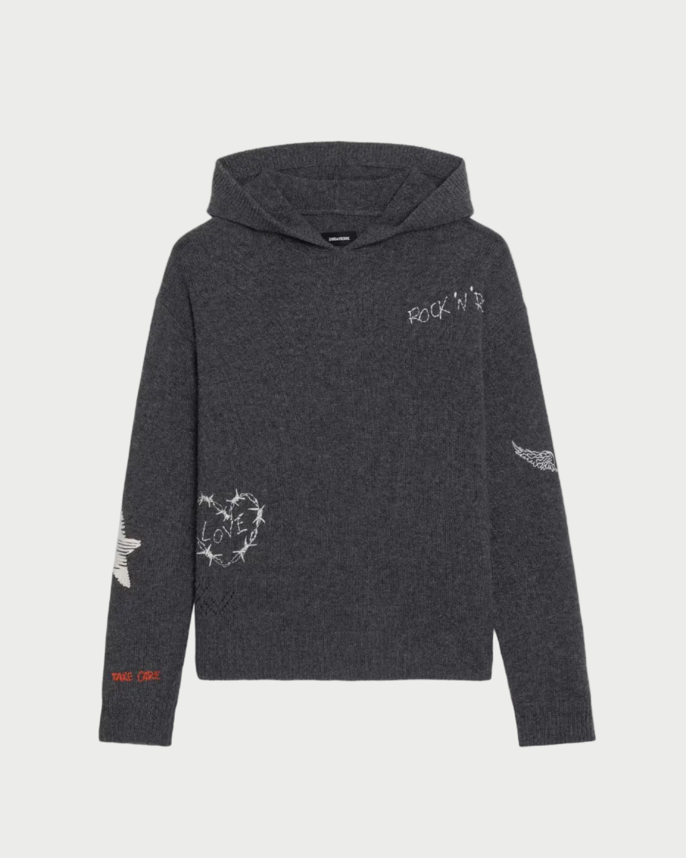 Dark gray hoodie with white text and designs on a white background