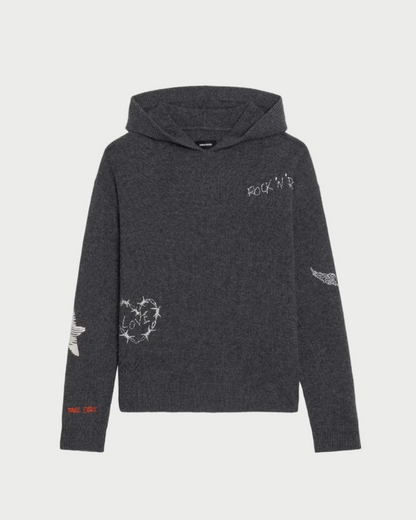 Dark gray hoodie with white text and designs on a white background