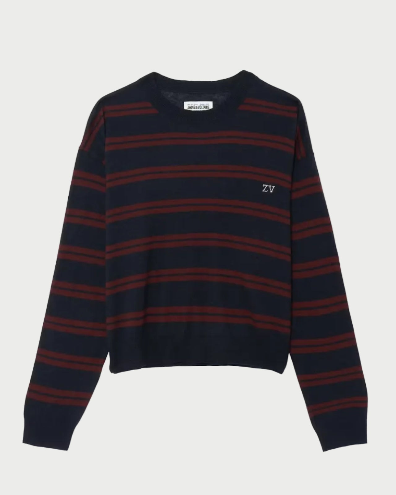 A navy blue and dark red striped long-sleeve knit sweater with a small white embroidered '27' logo on the left chest, displayed on a light gray background.