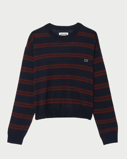 A navy blue and dark red striped long-sleeve knit sweater with a small white embroidered '27' logo on the left chest, displayed on a light gray background.