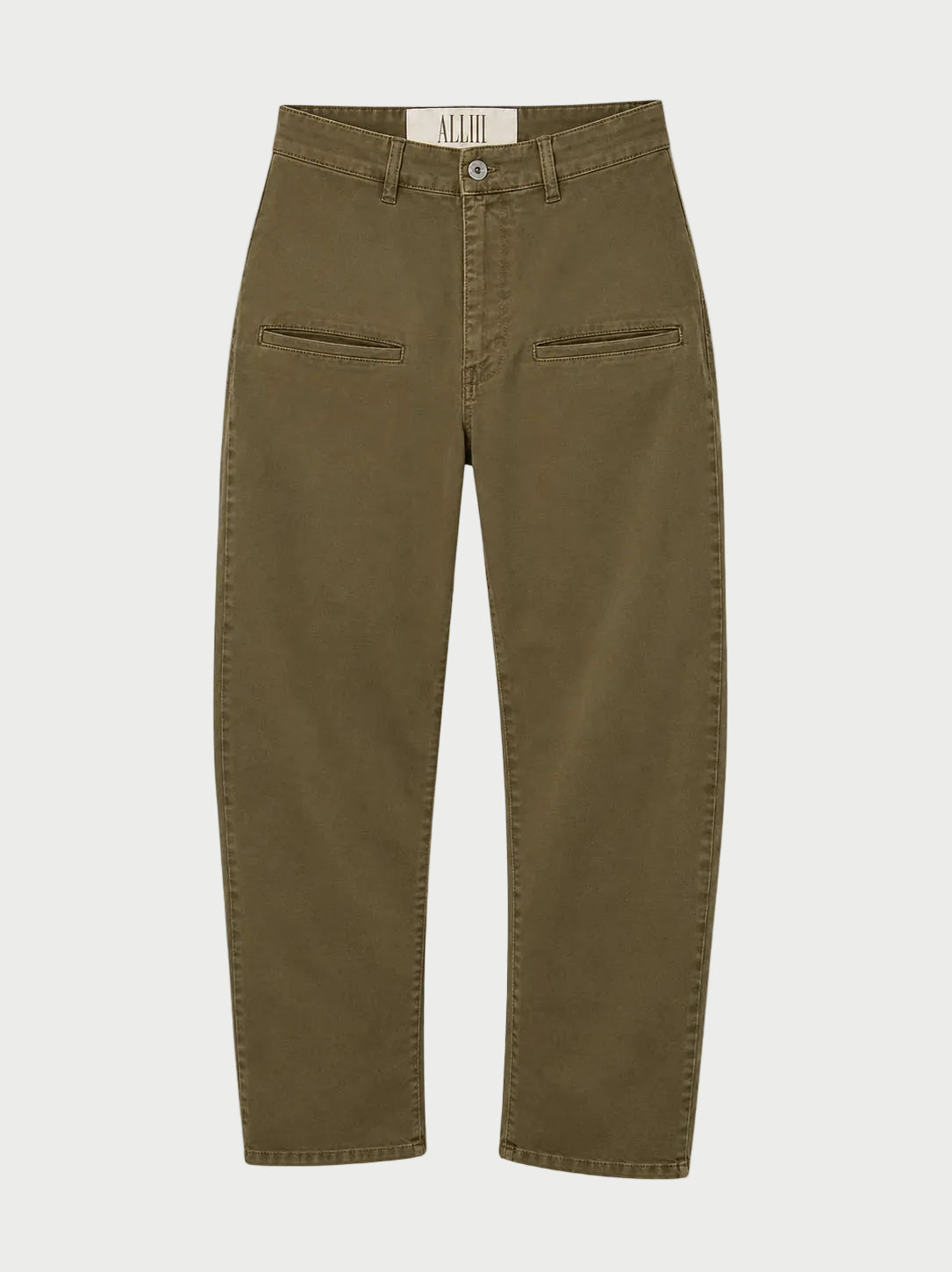 A pair of olive green tapered pants with front flap pockets, shown flat against a light gray background.
