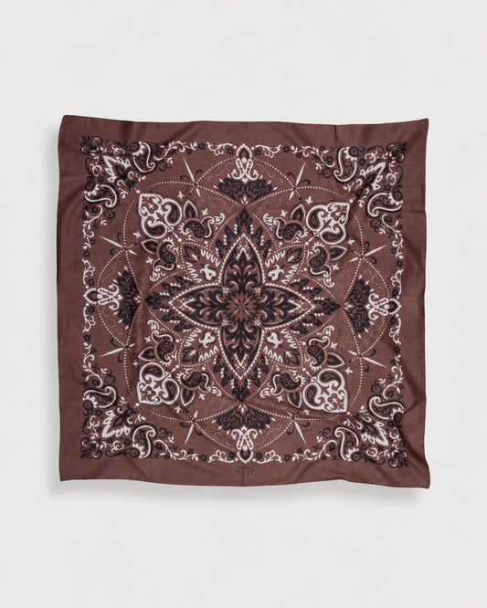 Maison Lecomte Flament Chocolate silk square bandana scarf shown flat with an ivory paisley print.