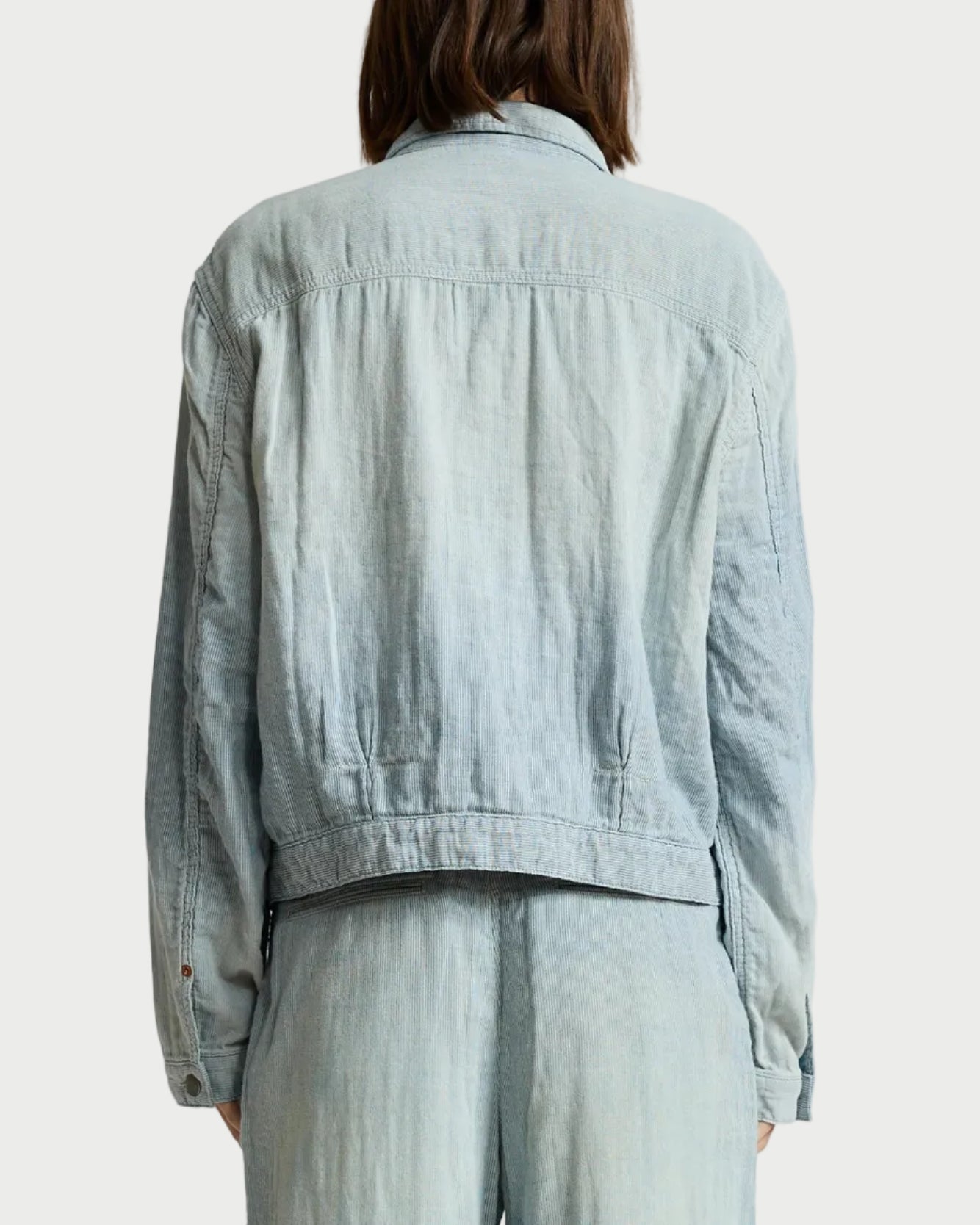 A model shown from the back wearing a light blue denim jacket and matching light blue denim pants against a plain light gray studio background.