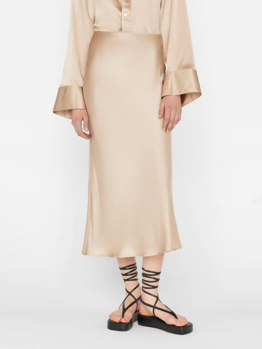 Bias Midi FRAME Skirt in Champagne, available at west2westport.com