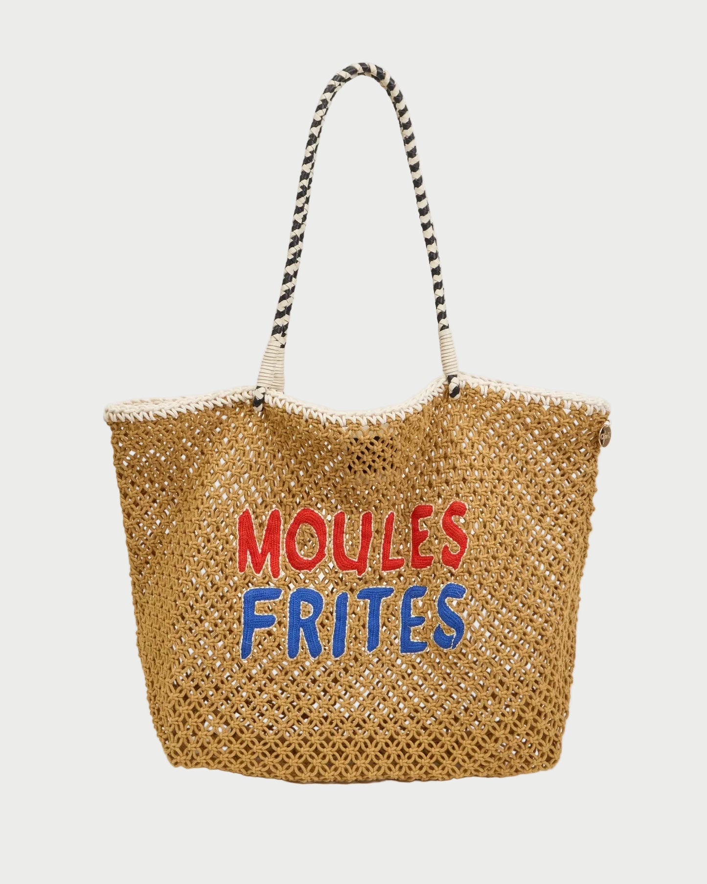 Woven bag with 'MOULES FRITES' text on a white background
