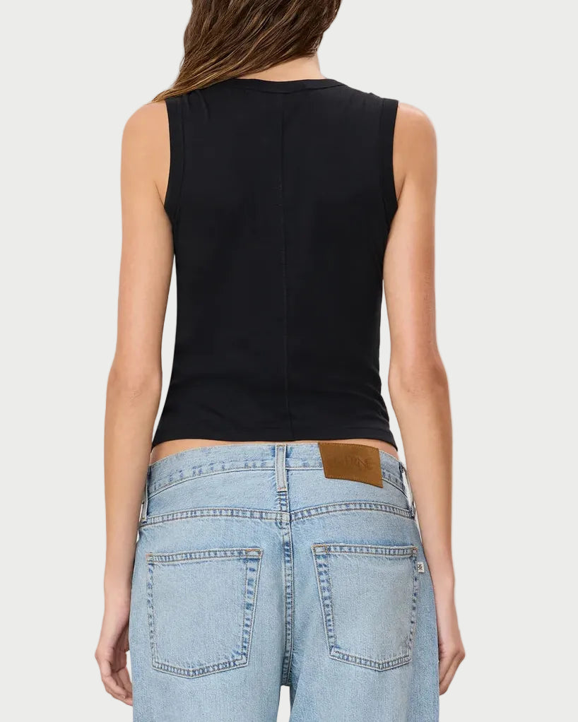 A person is shown from behind, wearing the Éterne Fitted Muscle Tank by Eterne in black, paired with light blue high-waisted jeans featuring visible back pockets and a brown patch on the waistband; only the upper body and lower back are visible.