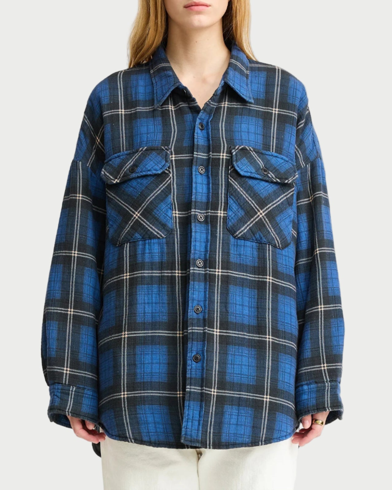 Person wearing a blue plaid shirt on a white background