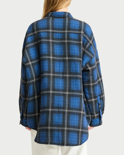 Person wearing a blue plaid shirt on a white background