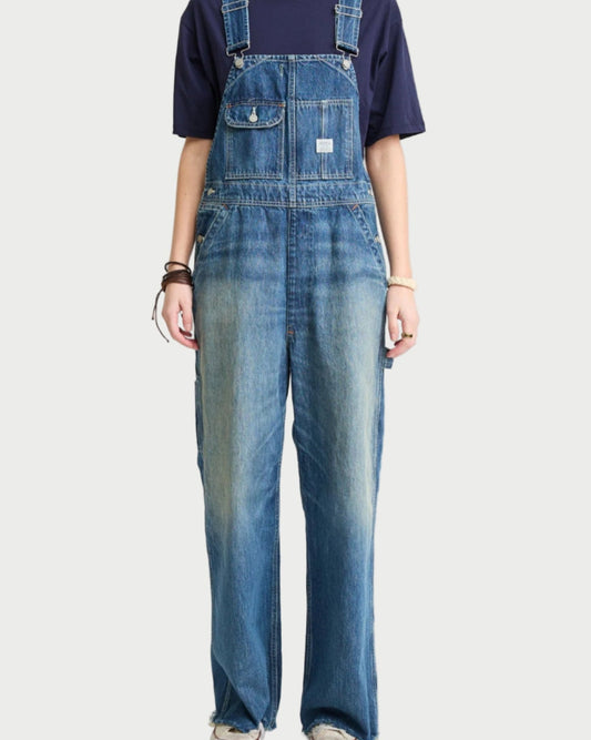 Person wearing blue denim overalls and a dark shirt on a white background