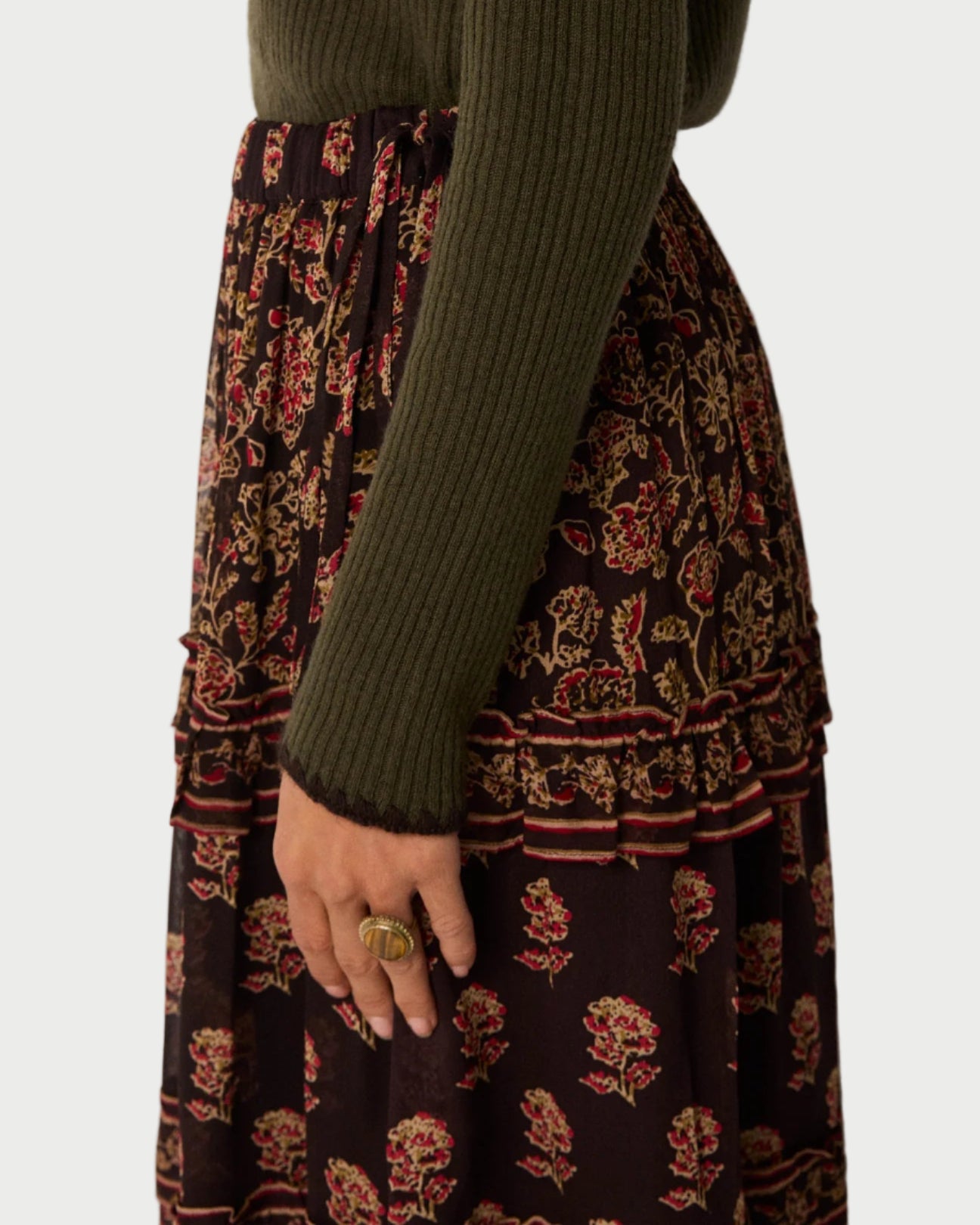 Person wearing a green sweater and a patterned skirt on a plain background
