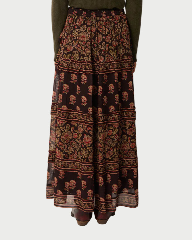 Person wearing a green sweater and patterned skirt on a white background