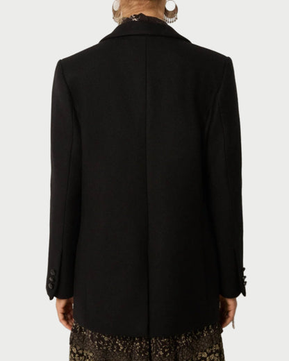 Person wearing a black coat from behind on a plain background