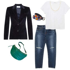 WEST employee Melissa Gladstone picks Frame cord blazer, Moussy jeans, Perfect White Tee t-shirt, Dylan James Jewelry and Debbie Katz crossbody bag as her Picks of the Week at west2westport.com