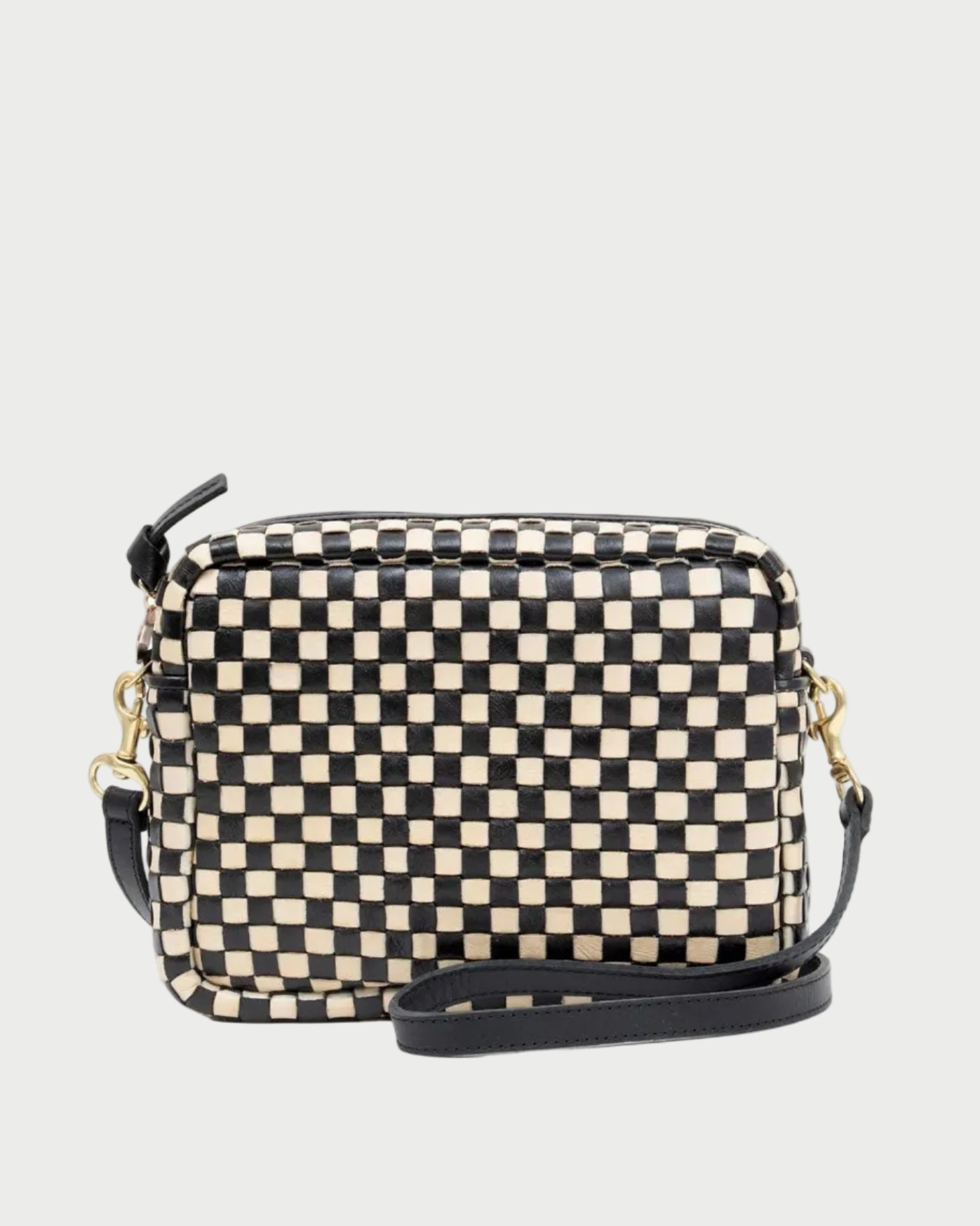Checkered handbag with a strap on a white background