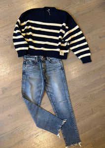 Moussy Lawrenceville jeans with distressed hem and Denimist cotton striped sweater in Westport Ct at the coolest boutique, WEST and online at west2westport.com