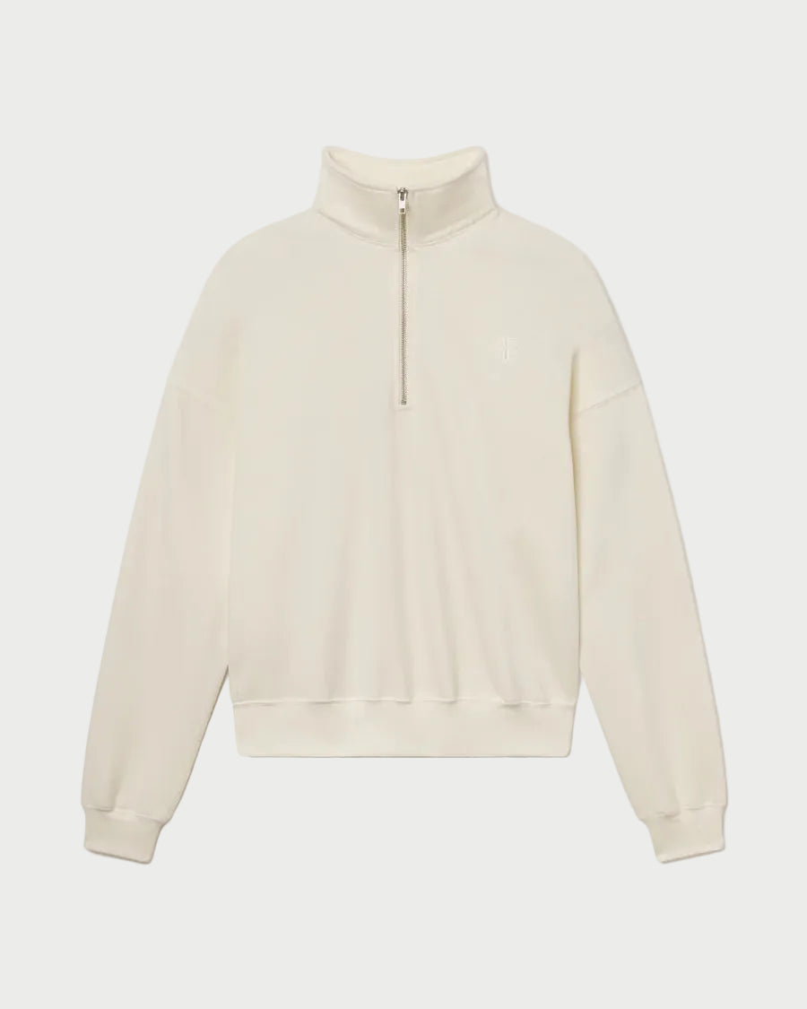 Cream-colored zip-up sweatshirt on a white background