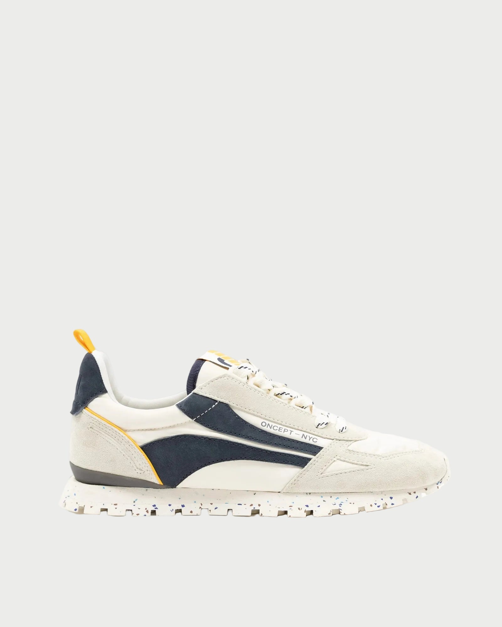 White sneaker with blue accents on a white background