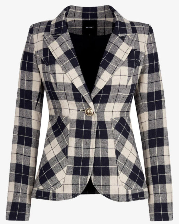 The Smythe Patch Pocket Duchess Plaid Blazer showcases a navy plaid pattern, notched lapels, two front pockets, and a single button closure, displayed on a plain white background.