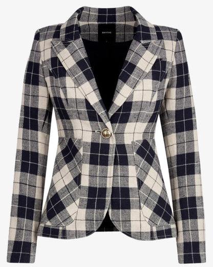The Smythe Patch Pocket Duchess Plaid Blazer showcases a navy plaid pattern, notched lapels, two front pockets, and a single button closure, displayed on a plain white background.