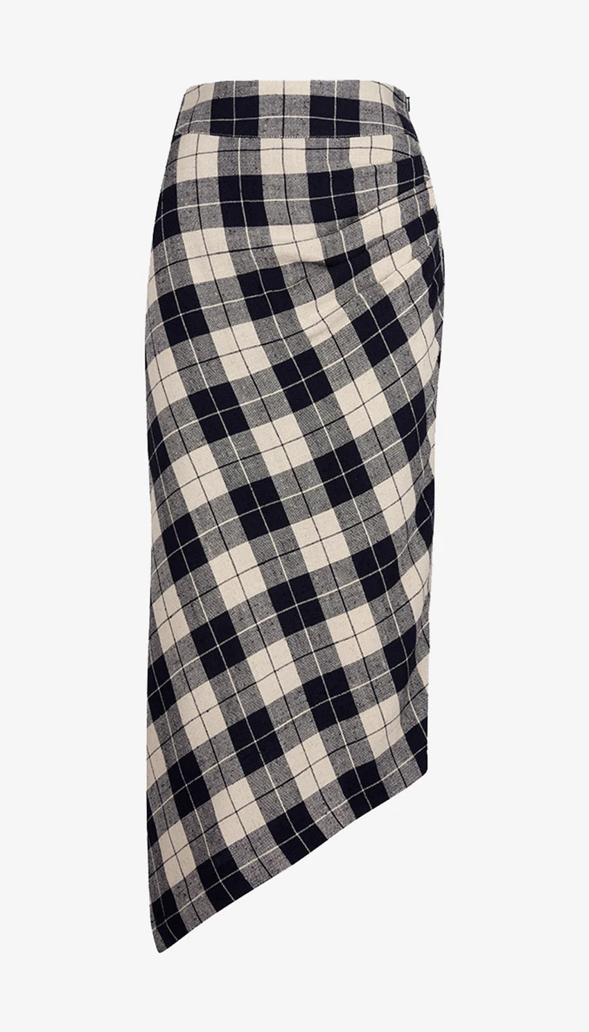 The Smythe Asymmetrical Plaid Skirt is a black and white high-waisted midi with a modern ruched detail and eye-catching tailored silhouette.