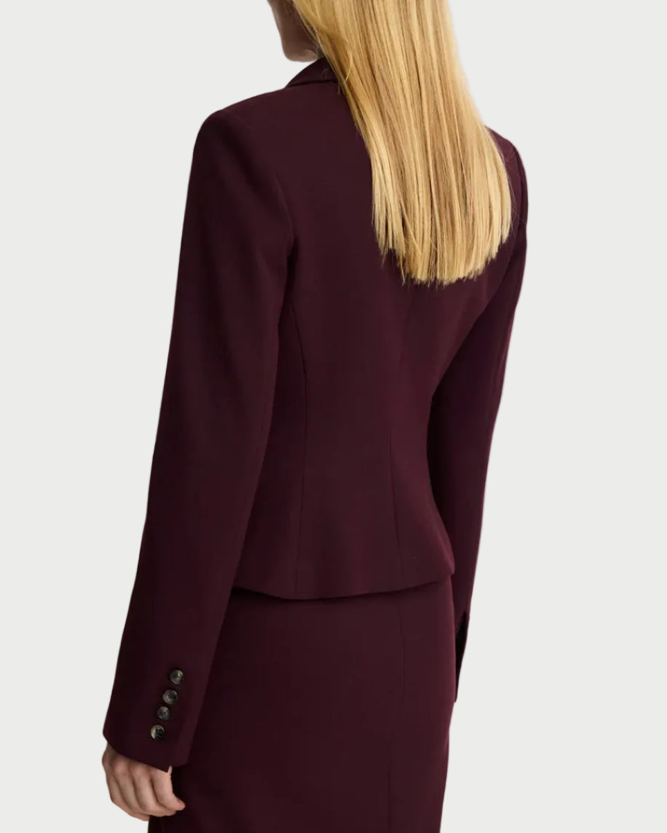 Person wearing a burgundy suit on a white background