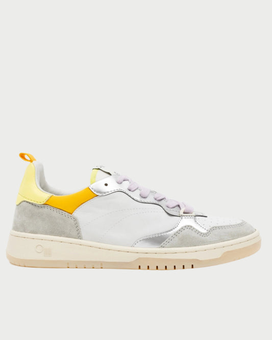 The Oncept Phoenix Sneaker is a stylish and comfortable shoe featuring a white body, light gray suede accents, yellow heel detail, retro-style white sole, light purple laces, and a yellow back pull tab.