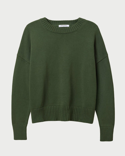 The Perfectwhitetee Green Janet Sweater by perfectwhitetee is a 100% cotton, boxy-fit sweater in dark green with long sleeves, round neckline, and ribbed cuffs, hem, and collar—shown on a white background.