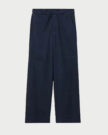 The Perfectwhitetee Pia Twill Pant by perfectwhitetee is a pair of navy cotton straight-leg utility trousers with belt loops and front pockets, shown laid flat on a white background. High-waisted style combines versatility and classic design.