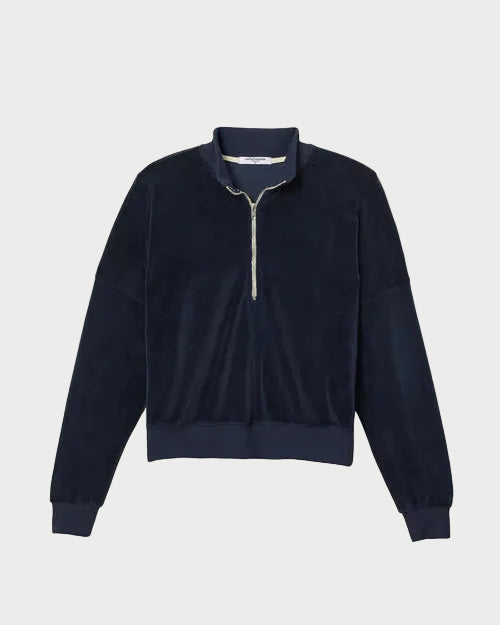 Navy blue quarter-zip sweater on a white background
