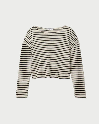 The Perfectwhitetee Taylor Stripe Long Sleeve by perfectwhitetee features black horizontal stripes on cream cotton, a loose fit, and a slightly cropped hem—perfect for cozy layering.