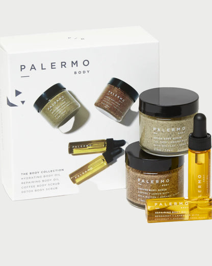 The image features the Palermo Body Discovery Kit, containing jars of coffee and detox body scrubs, two bottles of hydrating body oil, and a branded packaging box—an ideal addition to your natural routine.