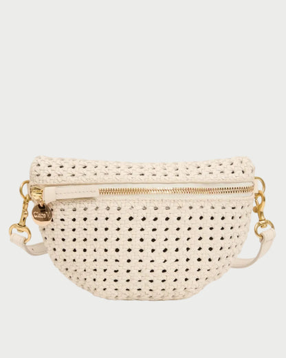 Beige woven belt bag with gold accents on a white background