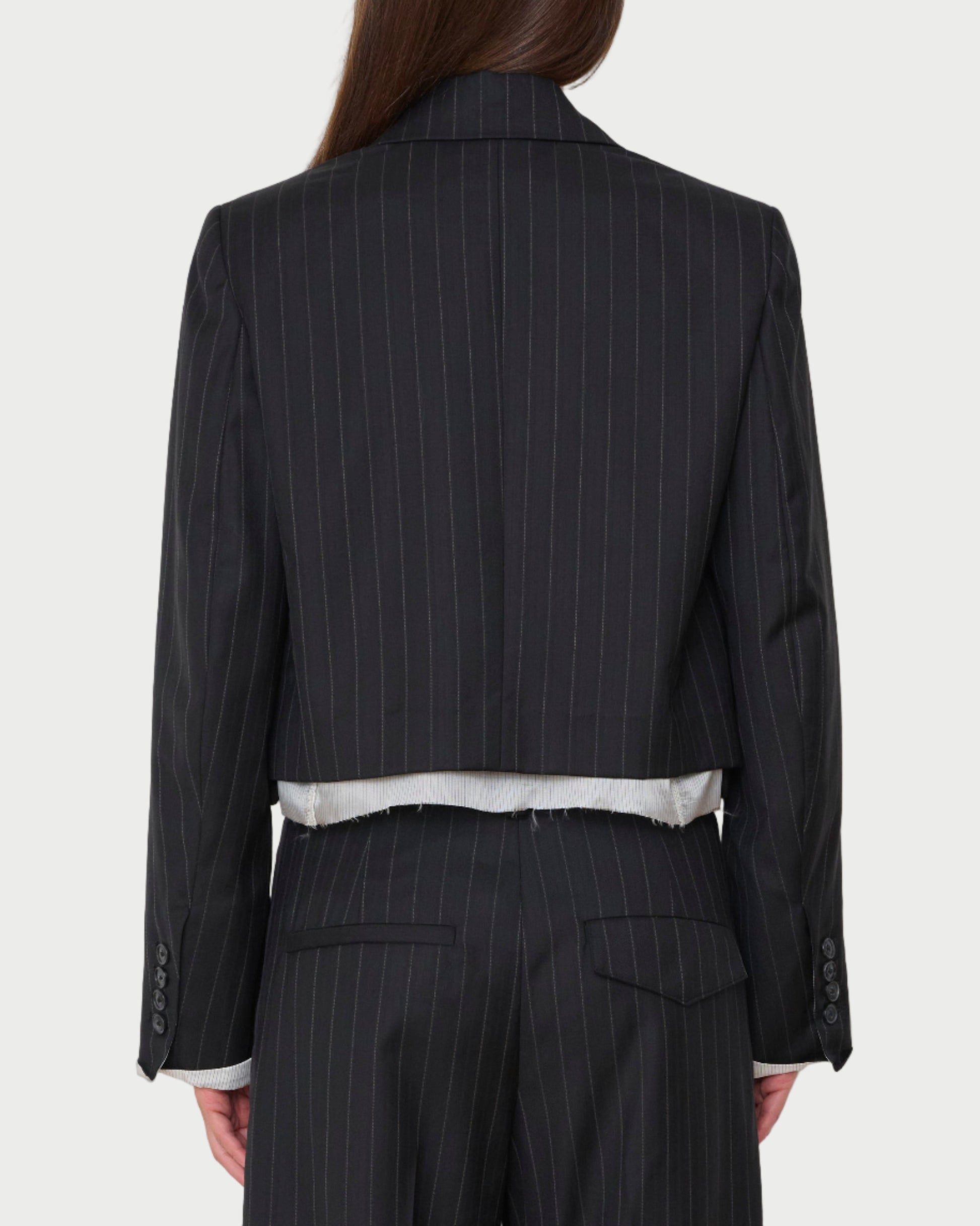 Person wearing a black pinstripe suit on a white background