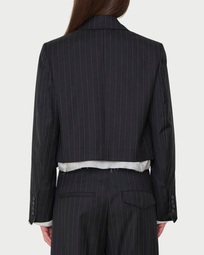 Person wearing a black pinstripe suit on a white background