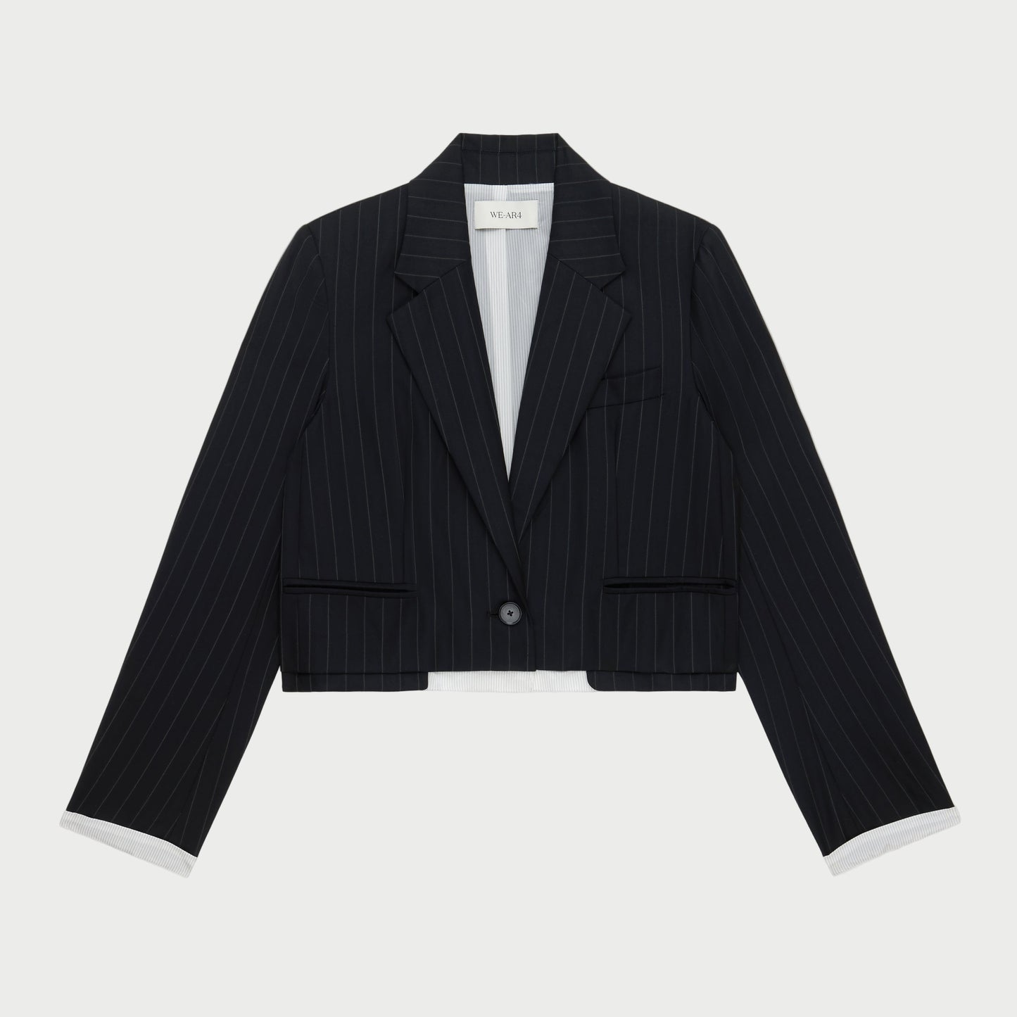 Black pinstripe blazer on a white background