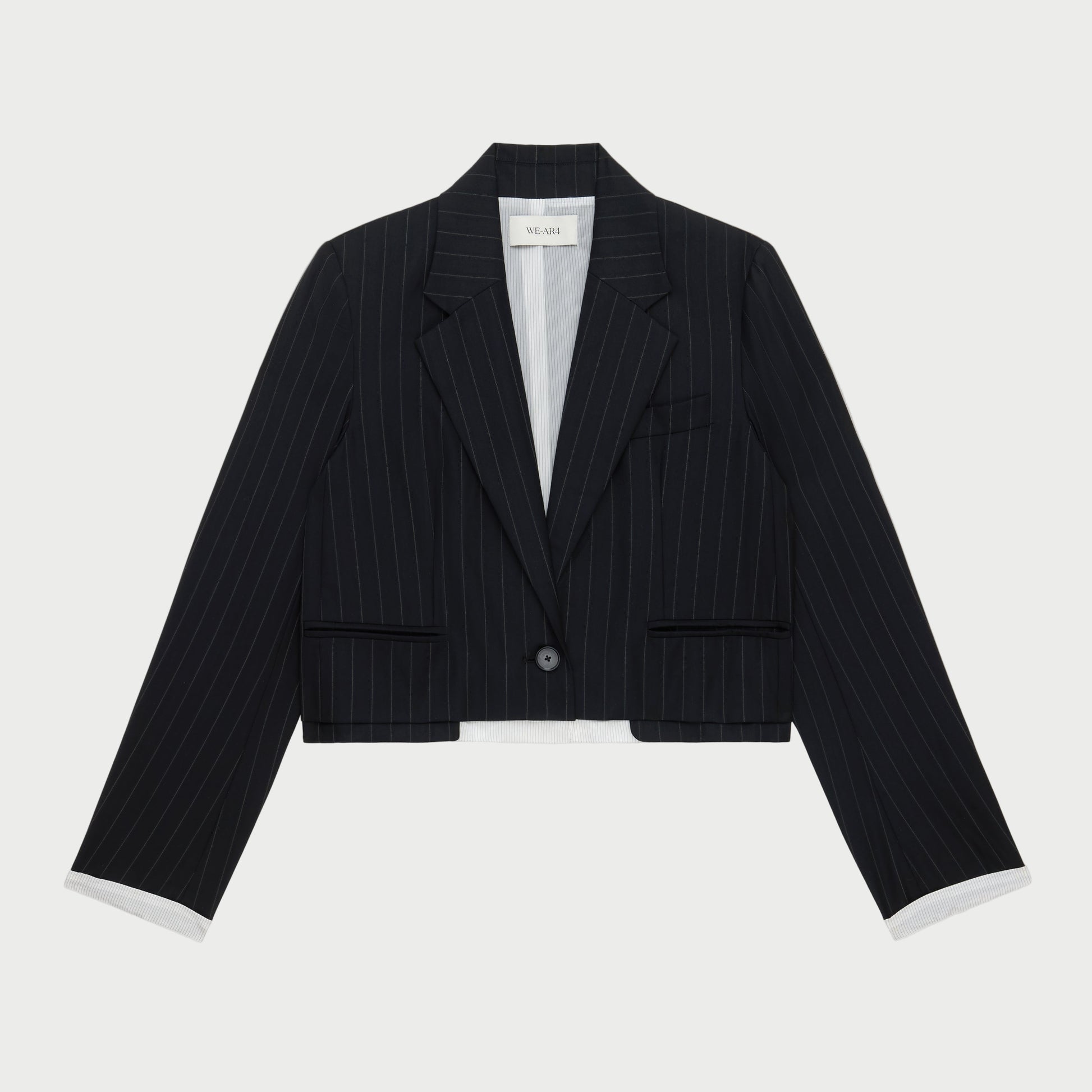 Black pinstripe blazer on a white background