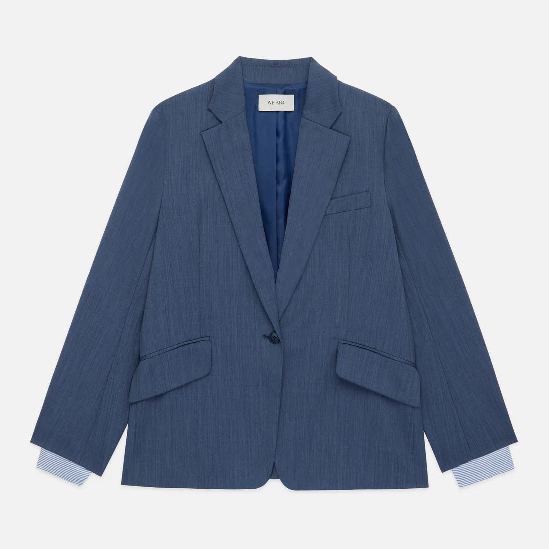 Blue pinstripe blazer on a light gray background
