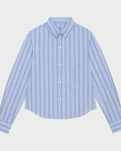 Blue striped shirt on a light gray background