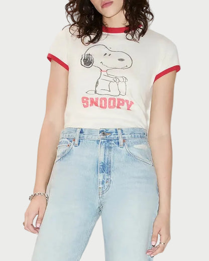 A person wears high-waisted light blue jeans and the RE/DONE Snoopy 60s Slim Ringer Tee—a white ringer T-shirt by RE/DONE featuring a red trim and Snoopy graphic.