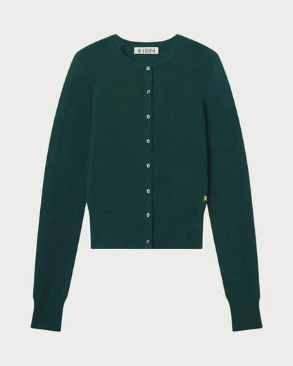 The Eterne Éterne Reese Cashmere Sweater is a dark green, long-sleeve, button-up cardigan with a round neckline and ribbed cuffs and hem. Designed with a slim fit for a sleek look, the sweater is displayed against a white background.